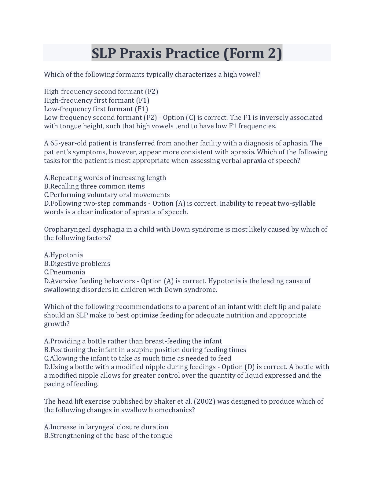 Preview image for 100% Correct SLP Praxis Practice (Form 2)